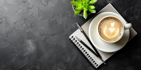 A cup of coffee with latte art, two pens, and a potted succulent plant sit on a dark surface, suggesting a quiet moment of reflection and creativity