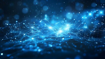 Poster - Abstract digital technology background with glowing connections and dots on dark blue, creating an immersive futuristic landscape. High-quality photo