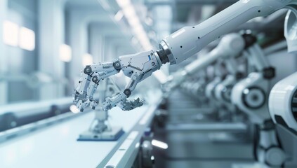 Poster - Advanced robotic arms in an automated production line in a modern factory setting