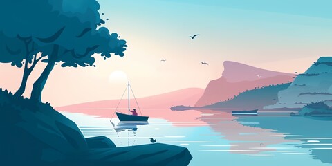 Wall Mural - A boat is sailing on a lake with a sunset in the background. The scene is peaceful and serene, with the boat and the surrounding nature creating a sense of calmness