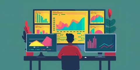 Poster - A man is sitting at a desk with multiple computer monitors and a potted plant in the background. Concept of productivity and focus, as the man is likely working on a project or analyzing data