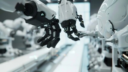 Poster - Close-up view of robotic arms in an advanced automated factory environment