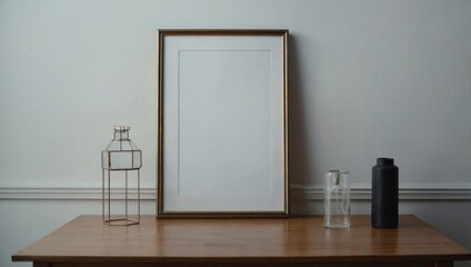 Wall Mural - Empty frame on a table leaning on the white wall