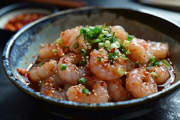 Sticker - Korean style pickled shrimp with chili garlic and soy sauce on dark background