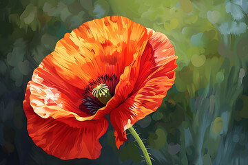 Wall Mural -  single poppy flower. Digital Art. Natural background. Illustration for cover, interior design, decor, packaging, invitations, print.