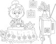 © Alexey Bannykh - Funny granny drinking hot tea with a tasty bagel at a kitchen table with a flower tablecloth and watching very interesting television series on her retro TV, black and white vector cartoon