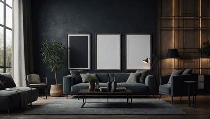 Wall Mural - Empty Poster mockup with vertical frames on empty dark wall in living room interior