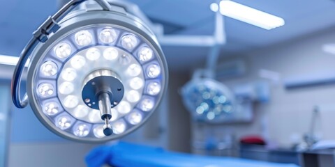 A surgical lamp, with its bright, circular array of lights, hangs overhead in an operating room, ready to illuminate the next procedure