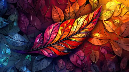 Wall Mural - A colorful leafy background with a red feather in the center