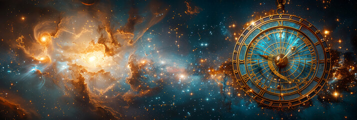 Wall Mural - antique astrological clock with celestial background depicting space and time.