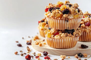 Poster - Mini crumble cake with dried fruits on wooden mold white background Homemade pastry concept