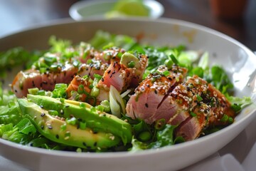 Canvas Print - Napa cabbage and Ahi Tuna salad with ponzu soy sauce and avocado dressing American restaurant starter