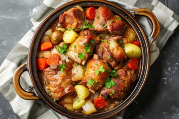 Sticker - Overhead shot of stewed pork cheeks and vegetables on a grey background Spanish or German cuisine