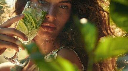 Wall Mural - Woman enjoying a refreshing mojito drink in natural light 