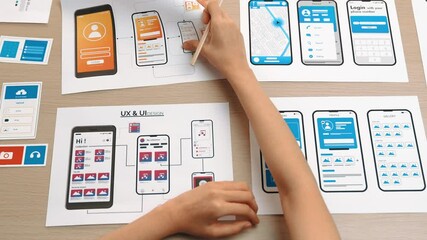 Startup company employee planning for user interface prototype for mobile application or website in office with model of program on desk. UX UI designer consider user friendly interface plan. Synergic
