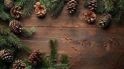 Canvas Print - Top view of fir tree and conifer cone Christmas decor on wooden background with space for writing