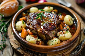 Canvas Print - Pork cheeks with gnocchi vegetables sauce on wooden table