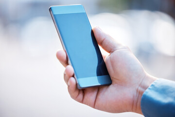 Aufkleber - hands, screen and person with mobile for chat, networking and contact client in city with email. sma