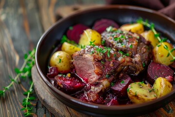 Canvas Print - Pork cheeks with potatoes and beets on wood table