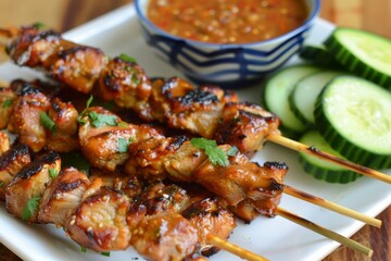 Canvas Print - Pork Satay with Peanut Sauce and pickled cucumber