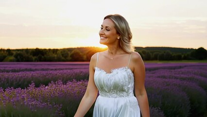 Wall Mural - Mature woman walking on a lavender flower field