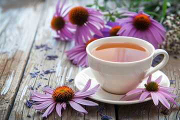 Poster - Purple coneflower Cup of herbal tea with thyme on wooden table