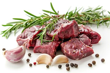 Wall Mural - Raw beef with garlic and rosemary on white background