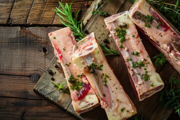 Poster - Raw meat with herbs and beef bones top view on wooden background