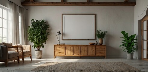 Poster - farmhouse interior living room, empty wall frame mockup in white room with wooden furniture and lots of green plants