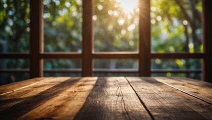 Empty wooden table and window room interior decoration with sunlight