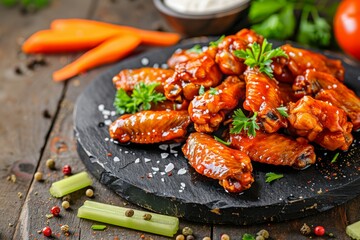 Canvas Print - Spicy and BBQ chicken wings with ranch blue cheese celery and carrots Traditional bar food