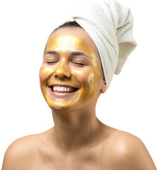 Wall Mural - Beauty portrait of woman in white towel on head with gold nourishing mask on face. Skincare cleansing eco organic cosmetic spa relax concept.