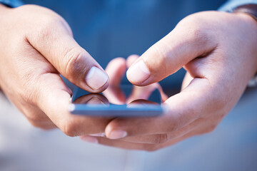 Aufkleber - hands, smartphone and person typing for chat, networking and contact client in city with email. mobi