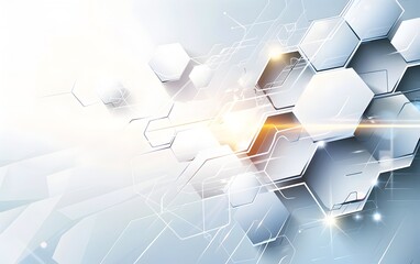 Poster - Abstract white background with hexagon shape and light glowing effect for technology, science or medical concept design vector Illustration