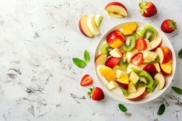 Sticker - Summer fruit salad with creamy Greek yogurt sauce on white table diet recipe