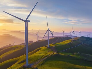 a modern wind turbine farm at sunset, AI generated