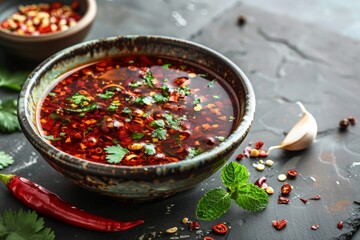 Wall Mural - Thai Chili Fish Sauce is a popular condiment in Thai cuisine with spicy salty flavor Made with chilli garlic fish sauce and can include sugar and lime