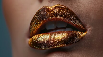 Wall Mural - A woman's lips are painted gold and blue