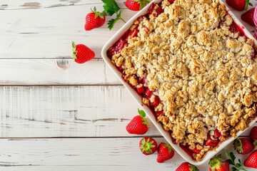 Sticker - Top down view of rhubarb and strawberry crumble in a baking dish on white wood