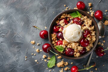 Wall Mural - Top view of cherry crumble with ice cream in bowl on grey background with copy space