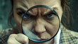 © john - A woman with a stern angry look through a magnifying glass near her eyes. A detective or investigator is investigating something. An angry business lady looking for a way out of a difficult situation.