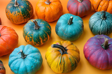 Multicolored pumpkins seasonal background. Halloween thanksgiving and autumn harvest festive concept