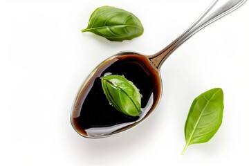 Wall Mural - Top view of spoon with balsamic sauce on white background