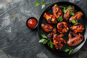 Sticker - Top view of spicy chicken wings with ketchup on black plate on dark background with space for text