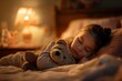 © Olsek - Peaceful child sleeping in a cozy bed with a teddy bear. Soft lamp light creates a warm ambiance. Ideal for bedtime stories or children's bedroom themes. Generative AI