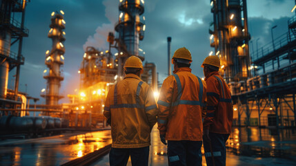 Industrial workers in safety gear inspecting an oil refinery at night, highlighting the scale of the operation and industrial safety.