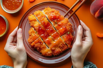 Wall Mural - Top view of women s hands holding plate of chicken cutlet with katsu sauce on peach fuzz background