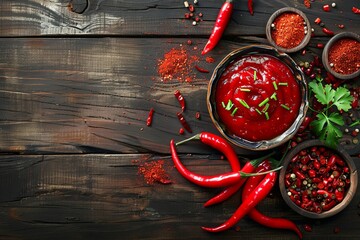 Sticker - Top view of wooden background with red chili chilli sauce and powder