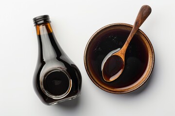 Sticker - Top view of Worcestershire sauce with spoon and bottle on white background