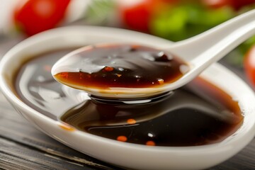 Canvas Print - Traditional Chinese sauce hoisin spoon on white plate Focus on spoon